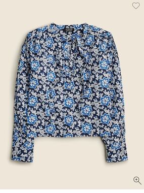 J. Crew Blue Floral Blouse V-neck tie top in floral cotton-blend dobby M